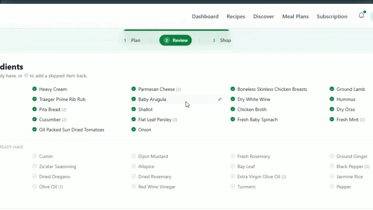 Ingredient selection for a meal plan in Pantry Aide’s published demo