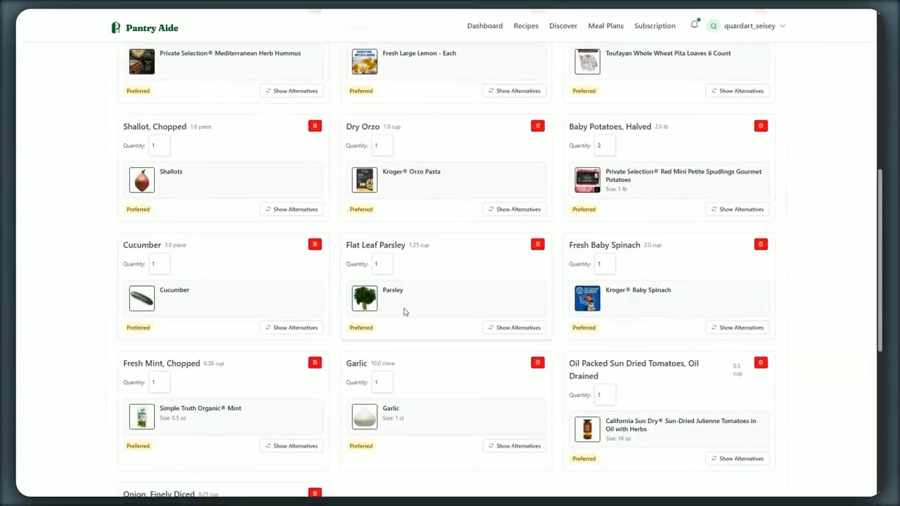 Proposed Kroger products beside meal-plan ingredients in the published demo