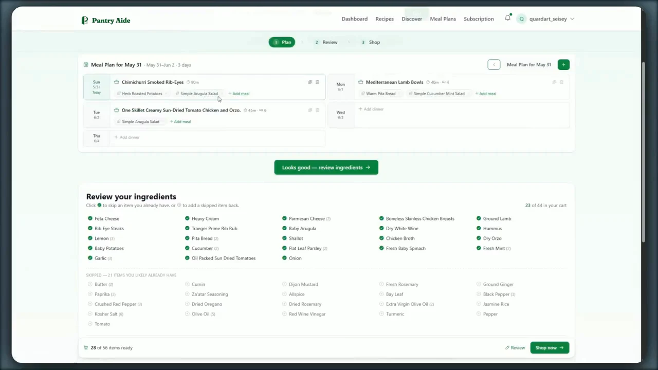 Completed weekly dinner plan in Pantry Aide’s published demo